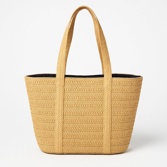 Draper James straw tote raffia shoulder bag navy lining natural tan - Picture 2 of 14